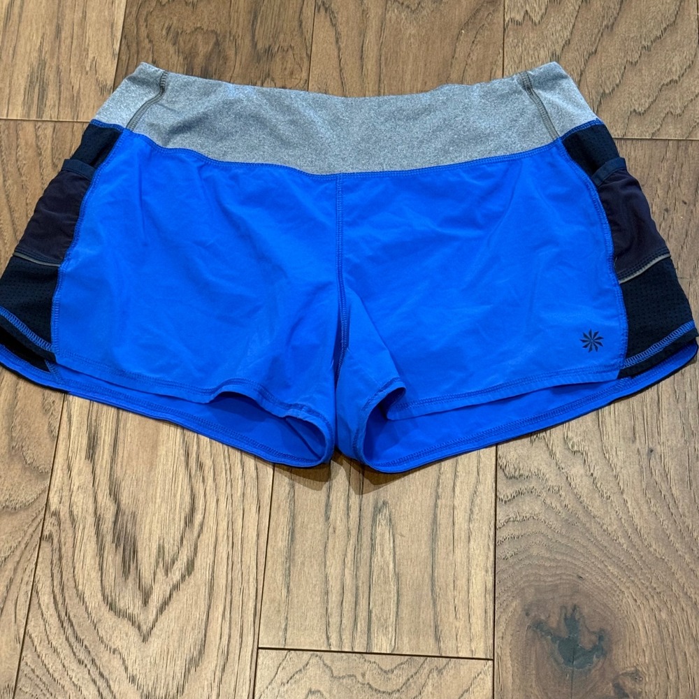 Athleta Womens Blue Running Shorts Grey Waistband Mesh Pockets Size Medium